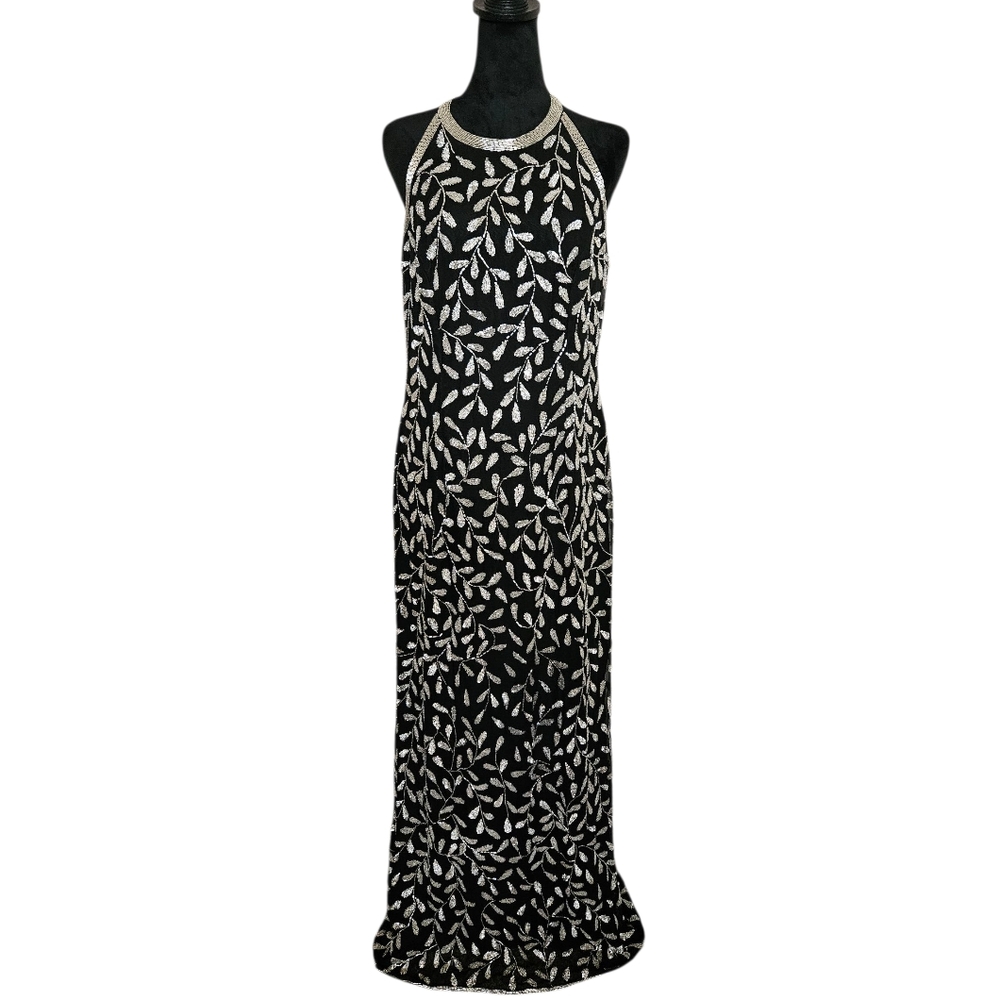 Vintage Laurence Kazar Black Silk Floral Embellished Beaded Maxi Evening Gown L